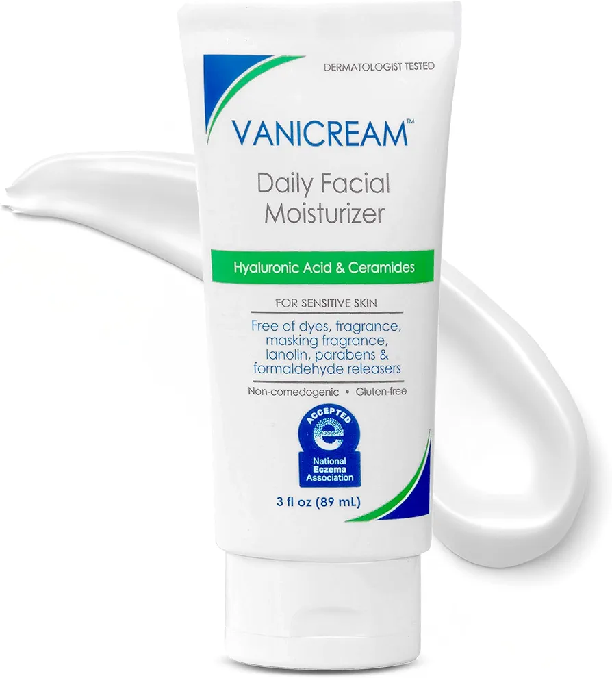 Vanicream Daily Facial Moisturizer With Ceramides and Hyaluronic Acid – Formulated Without Common Irritants for Those with Sensitive Skin, 3 fl oz (Pack of 1)