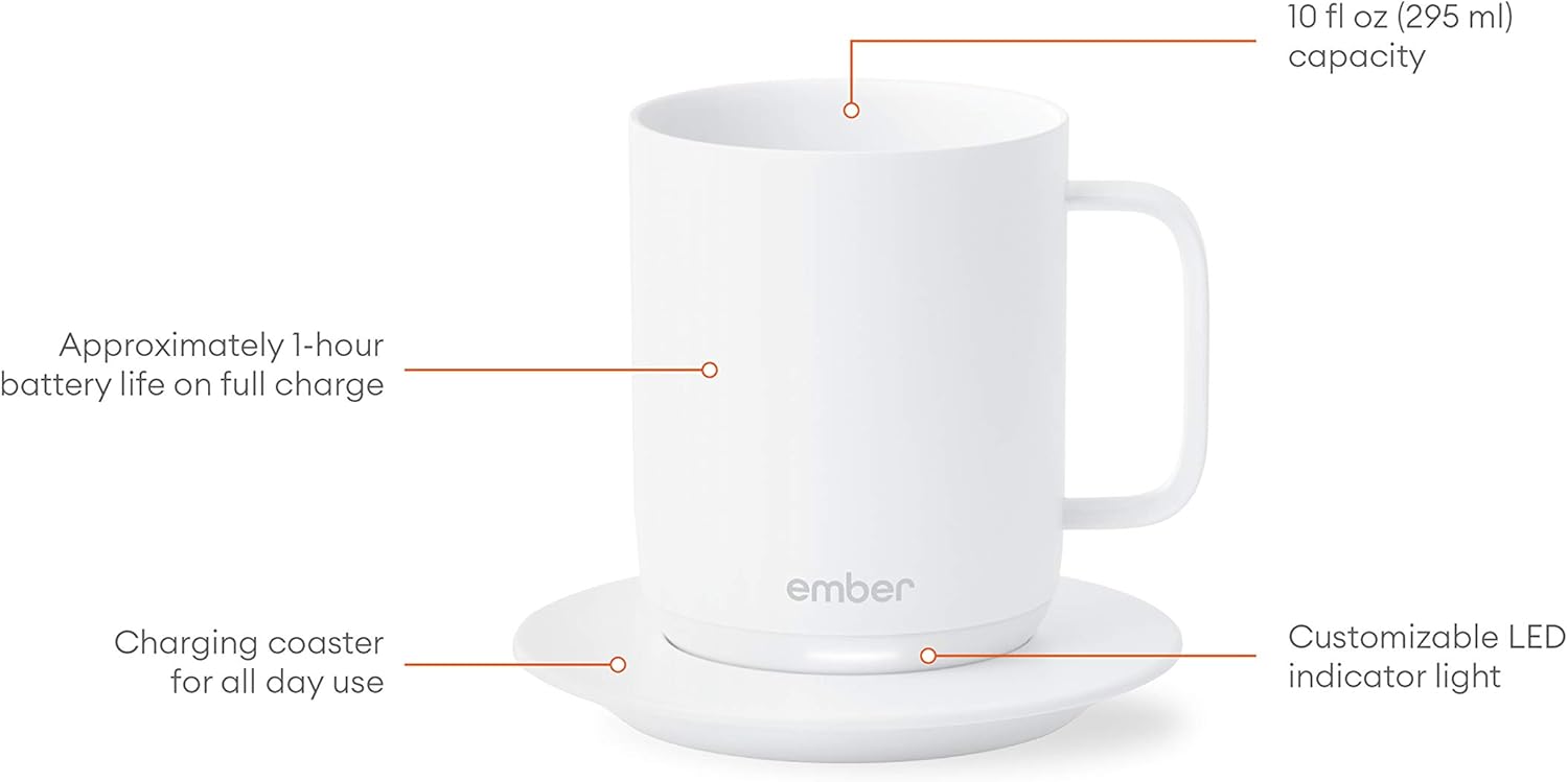 Ember Temperature Control Smart Mug, 10 Ounce, 1-hr Battery Life, White – App Controlled Heated Coffee Mug