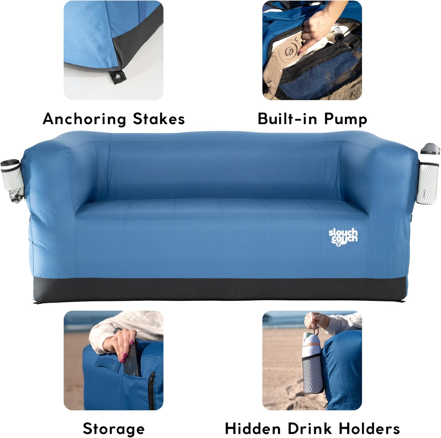 Slouch Couch | Air Sofa with Built-in Pump, Hidden Cup Holders, Storage Pockets | Durable Blow Up Couch with High-Performance Fabric for Camping, Beach, Home & Outdoors (Daydream)