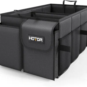HOTOR Trunk Organizer – Car Organizer, Foldable Trunk organizer for SUVs & Sedans, Sturdy Car Organization for Car Accessories, Tools, Sundries, Black, 2 Compartments, 21.3″×12.6″×10.6″