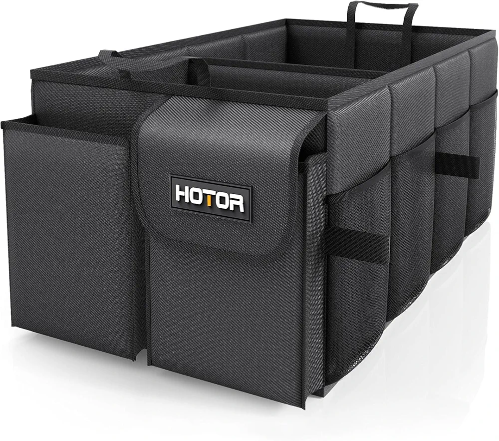 HOTOR Trunk Organizer – Car Organizer, Foldable Trunk organizer for SUVs & Sedans, Sturdy Car Organization for Car Accessories, Tools, Sundries, Black, 2 Compartments, 21.3″×12.6″×10.6″