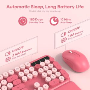 Wireless Keyboard and Mouse Combo – Round Keycaps, Full-Size Retro Typewriter Keyboard with Detachable Wrist Rest, Sleep Mode & Tilt Legs, 2.4GHz Cordless Connection for Mac/Windows/PC (Hot Pink)