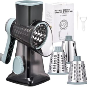 Rotary Cheese Grater with Handle Kitchen Shredder Slicer Grater Slicer Ice Shaver Cheese Vegetable Nuts Potato Zucchini Chocolate 3 Interchangeable Blades