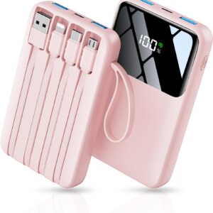 15000mAh Portable Charger with Built in Cable, 22.5W Fast Charging, 6 Outputs, Slim Travel Essential Battery Pack