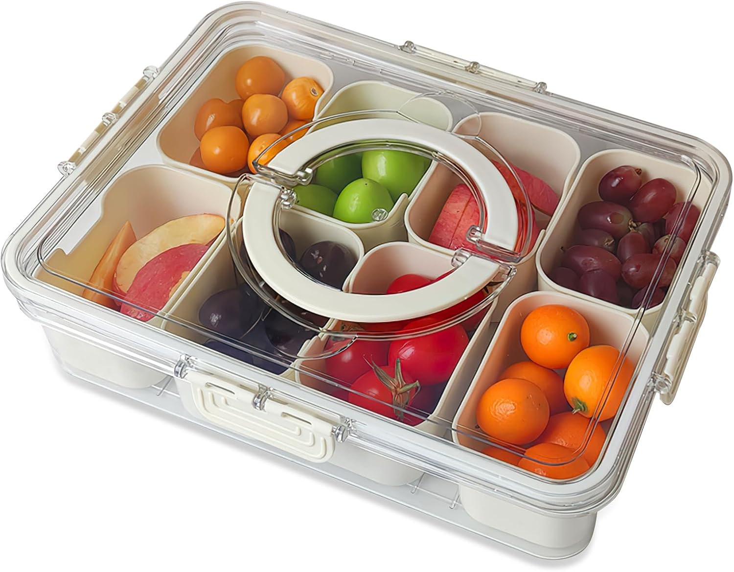 Snackle Box Container 8-Section,Clear Divided Tray w/Secure Lid & Handle