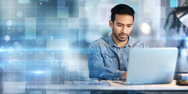 Business man, laptop and hologram overlay in startup office, thinking or focus for web design, mockup or space. Developer, futuristic holographic mock up or brainstorming for website, planning or app