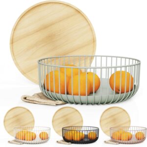 Fruit Basket with Wooden Bamboo Lid- Fruit Bowl For Kitchen Counter – Countertop Bin for Produce Fruits, Potato and Veggie – Metal Wire Baskets For Organizing – 11.4″x11.4″x4.5″ – Green