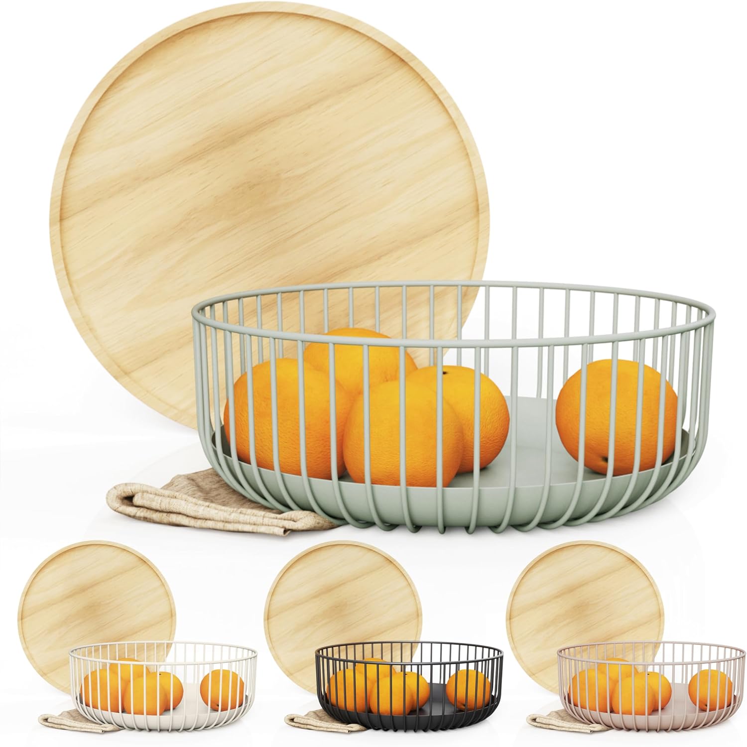 Fruit Basket with Wooden Bamboo Lid- Fruit Bowl For Kitchen Counter – Countertop Bin for Produce Fruits, Potato and Veggie – Metal Wire Baskets For Organizing – 11.4″x11.4″x4.5″ – Green
