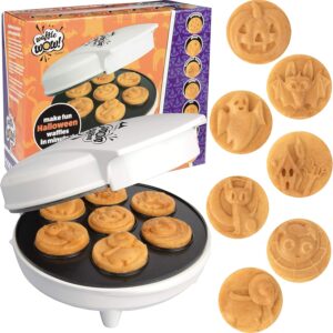 Halloween Mini Waffle Maker – 7 Different Spooky Designs, Make Breakfast Fun with Electric Nonstick Waffler Iron Featuring a Pumpkin Bat Ghost Spider & More, Unique Holiday Breakfast for Kids or Gift