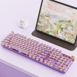 EWEADN V20 Typewriter Keyboard Wireless, 104 Keys Typewriter Style Mechanical with White Backlit, Media Knob, Pink Switch 2.4G/Bluetooth/USB-C Wired Retro Full Size Keyboard for Windows/Mac/PC-Purple