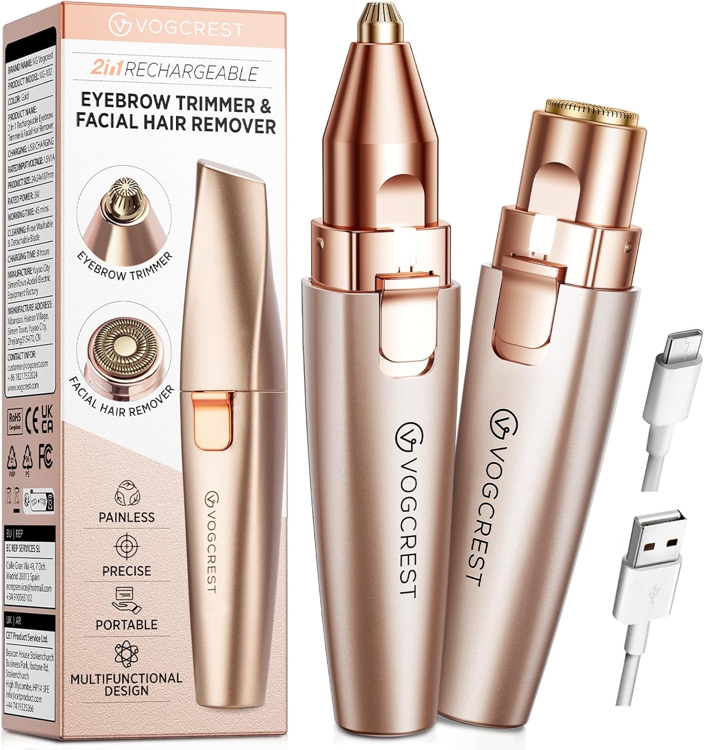 VG VOGCREST Eyebrow & Facial Trimmer: 2 in1 Rechargeable Facial Hair Removal & Eyebrow Shaver