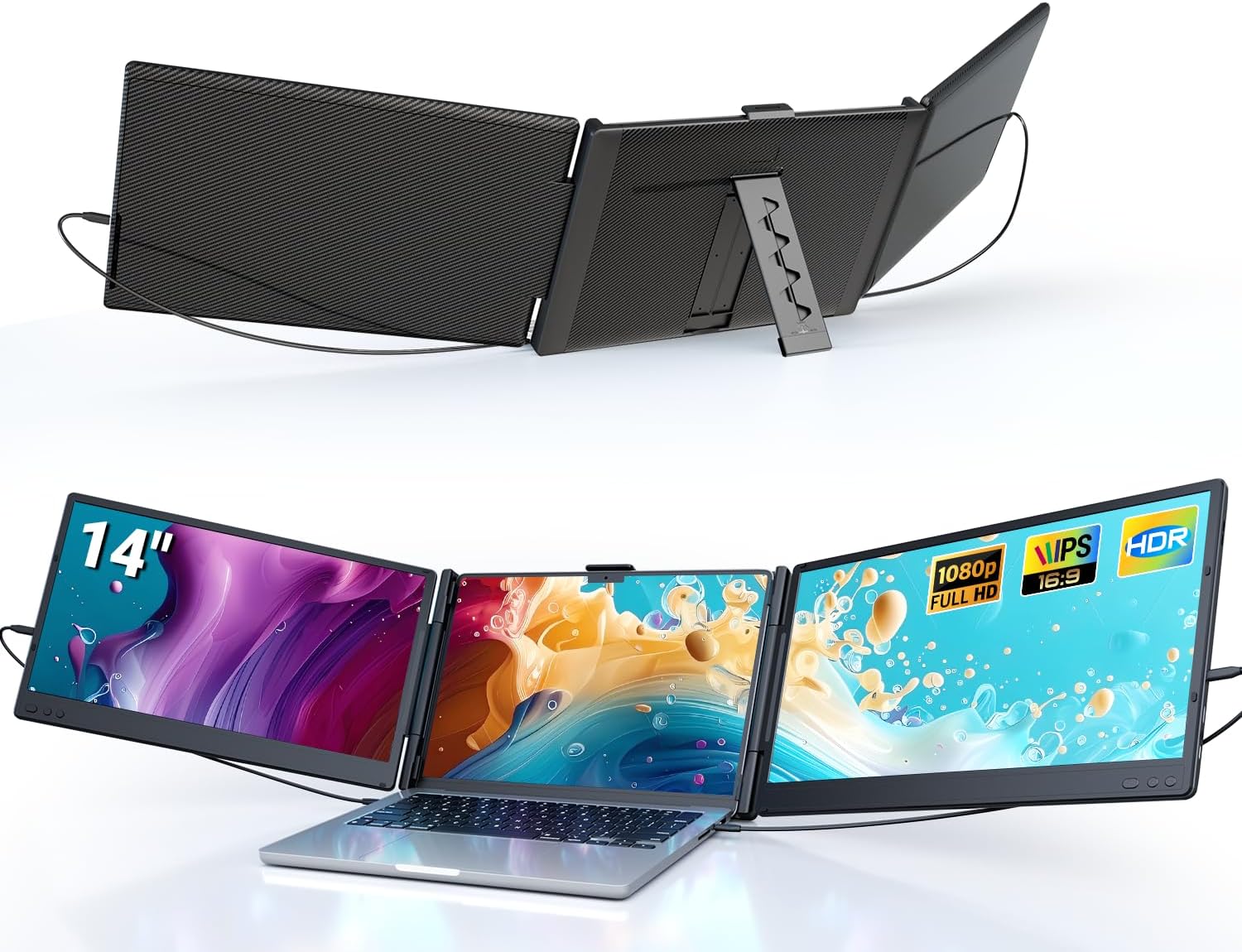 Ygretyrjh Laptop Screen Extender, 14″ Triple Portable Monitor for Laptop, 1080P FHD IPS Screen Extender Monitors for 13″-17″, Travel Monitor for Mac/Windows/Chrome, Built-in Speakers