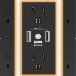 Outlet Extender Power Strip, POWRUI 6 AC Surge Protector Outlets with 3 USB Ports (1 USB C) and Night Light, 3-Sided Multi Plug Wall Outlet with Spaced Outlets – Black, ETL Listed