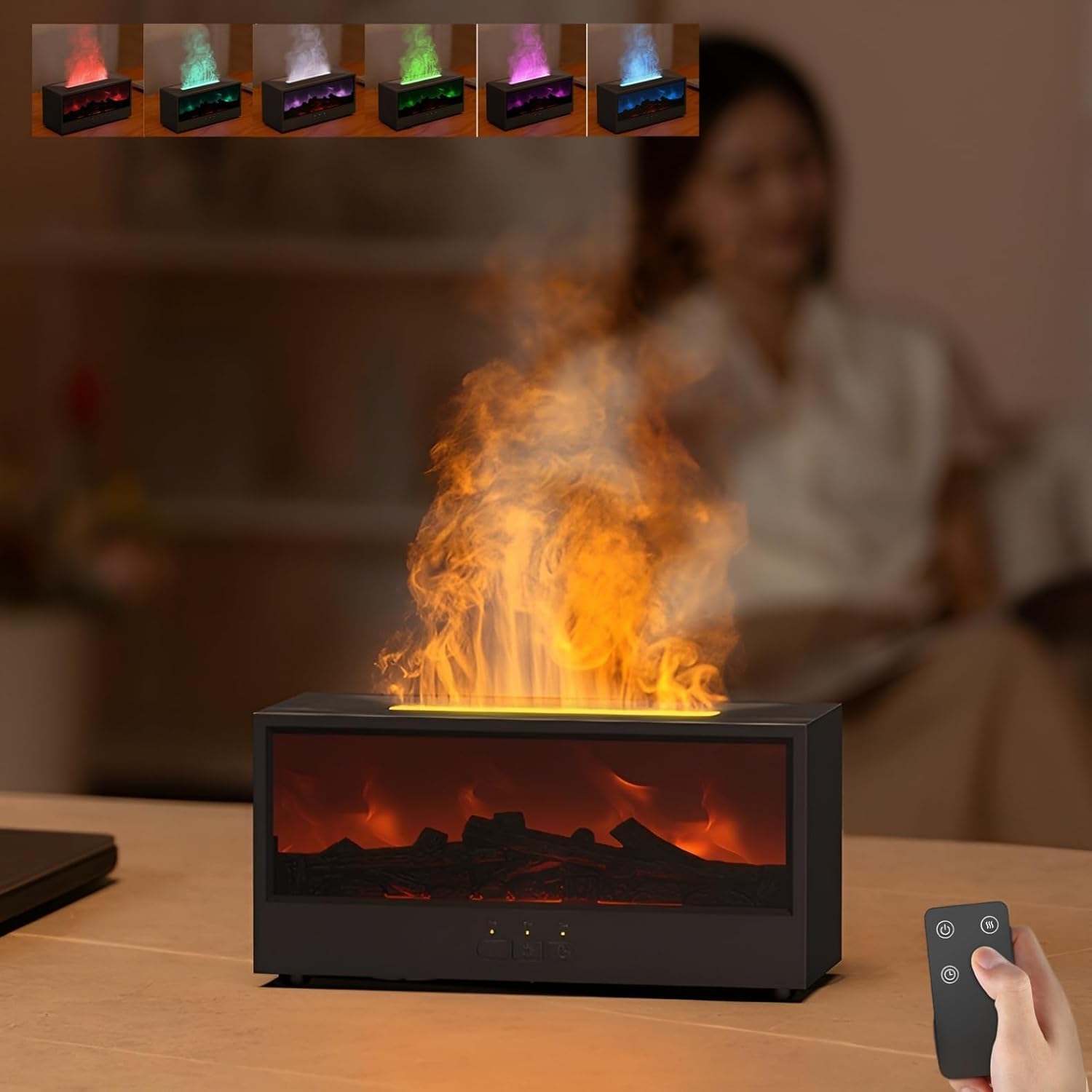 Essential Oil Diffuser, Flame Fireplace Aromatherapy Diffuser, 150ML Ultrasonic Cool Mist Humidifier with 7 Colors Light, Timer and Auto-Off for Home Room Office