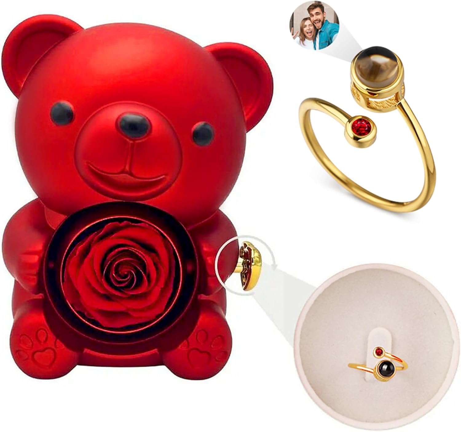 Drawelry Personalized Projection Ring with Real Rose Bear Jewelry Box, Preserved Eternal Roses Hug Bear Gifts Set, Rose Ring Bear Box Christmas Valentines Birthday Gifts for Woman