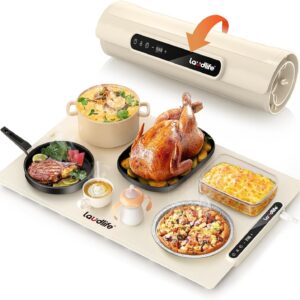 Food Warming Mat 24×16 Inches, Electric Warming Tray with 7 Temps, Foldable Food Warmer for Parties, Buffets, Family Gatherings, Holiday & Sabbath, Child Lock, Heating Mat for Food, Beige